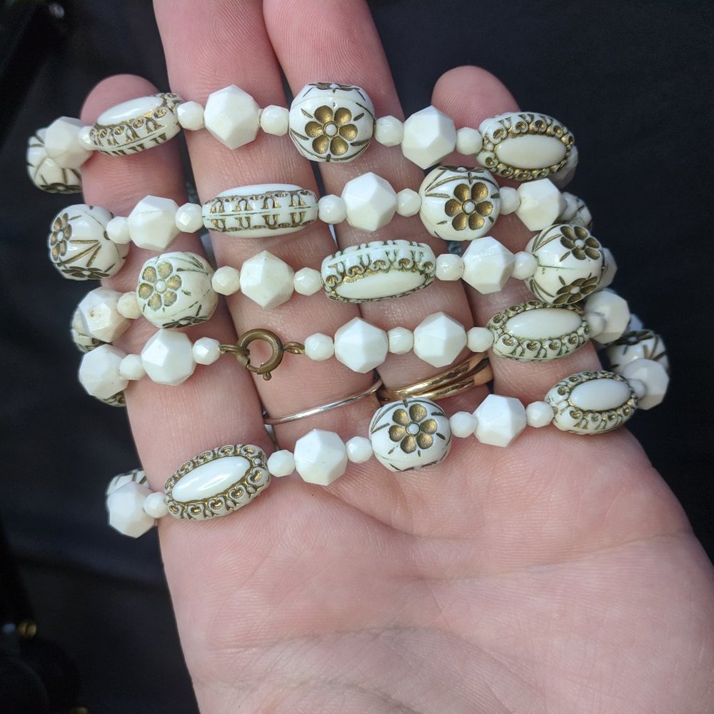Vintage white lucite painted gold bead necklace